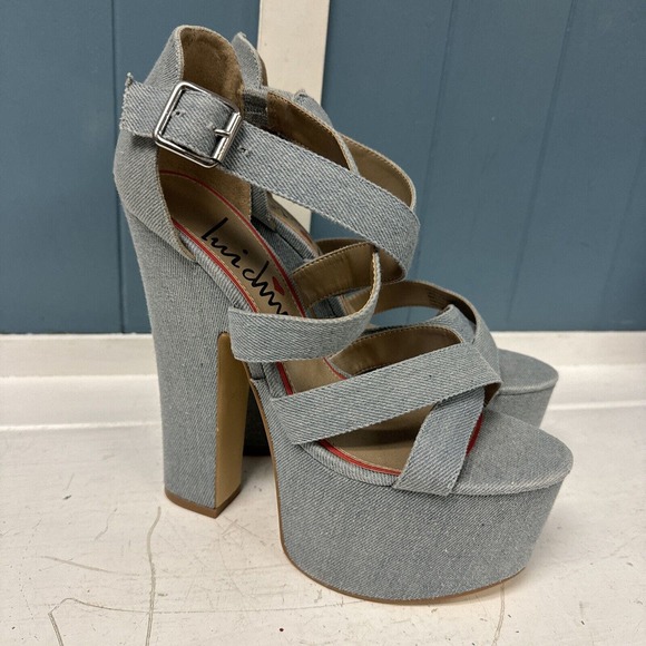 LuiChiny JAW DROPPER Light Denim Sandals Platforms women’s size 8.5 Chunky Heels - Picture 3 of 6